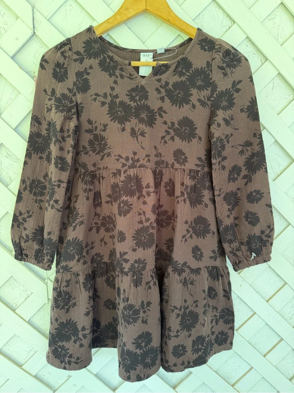 GAP Gauze Brown Dress with Black Floral Print Tiered Medium